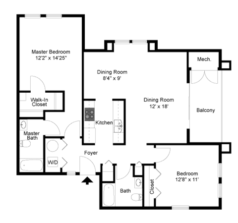 Floor plan for 2 beds, 2 baths